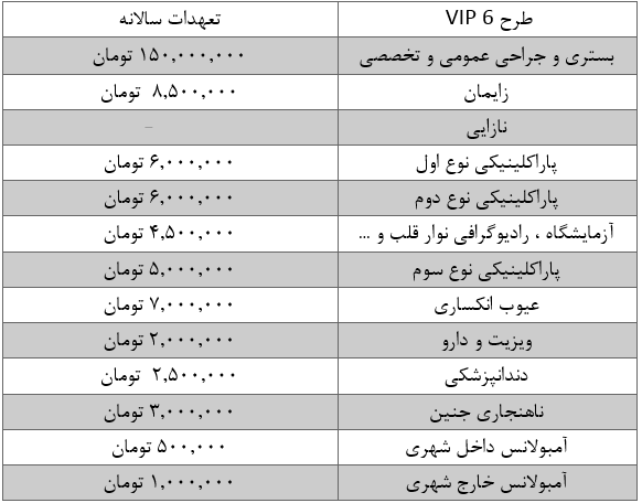 تعهدات بیمه تکمیلی کارآفرین VIP6